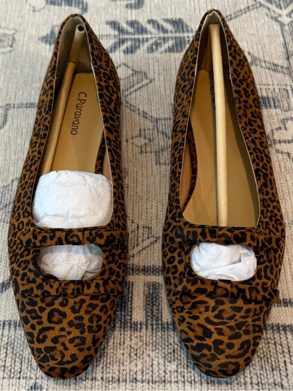 New C.Paravano Leopard Ballet Flats Bowknot Round Toe Faux Suede Size 9.5 NIB